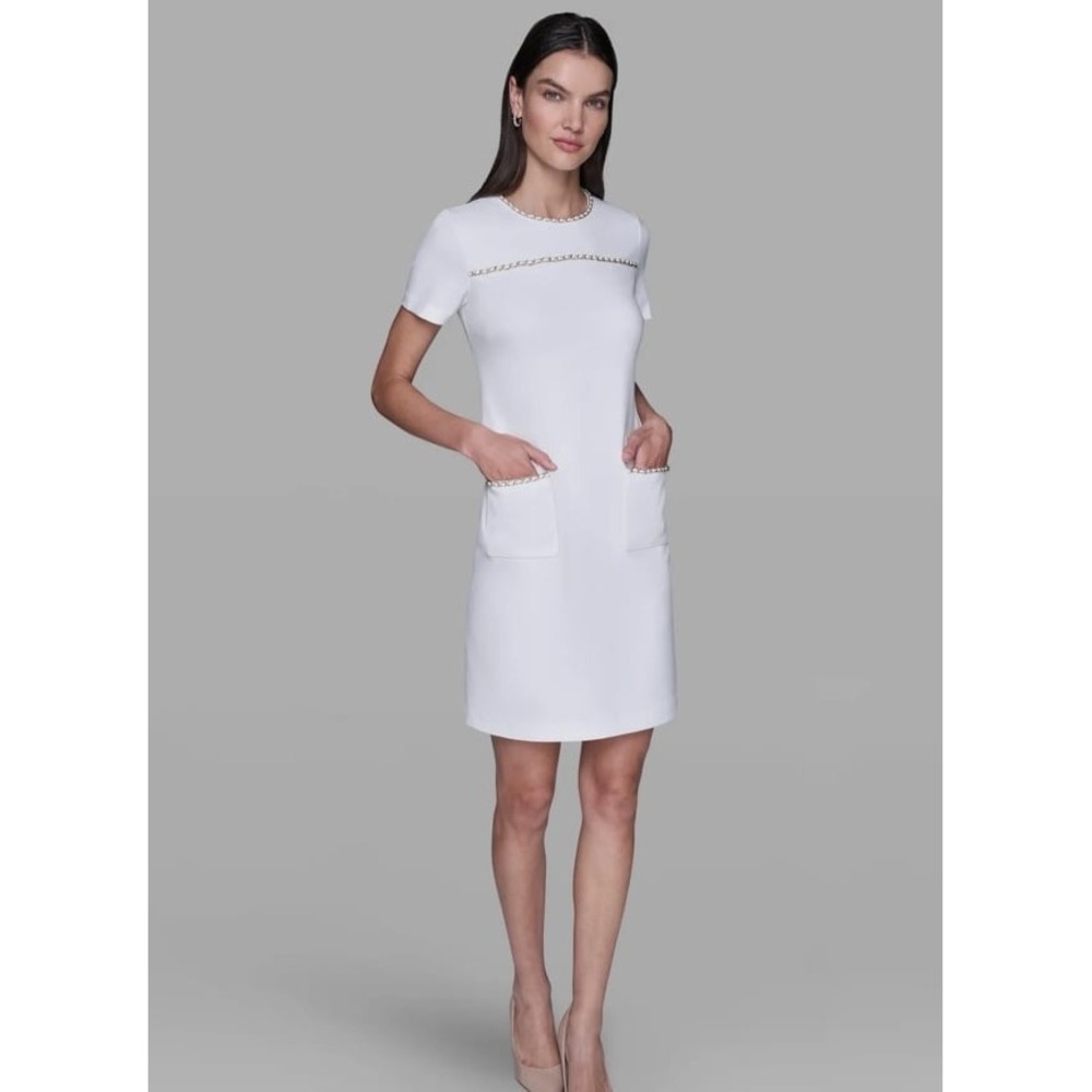 NWT Karl Lagerfeld Paris Scuba Crepe Shift Dress With Chain Trims 4 Formal‎ NWT